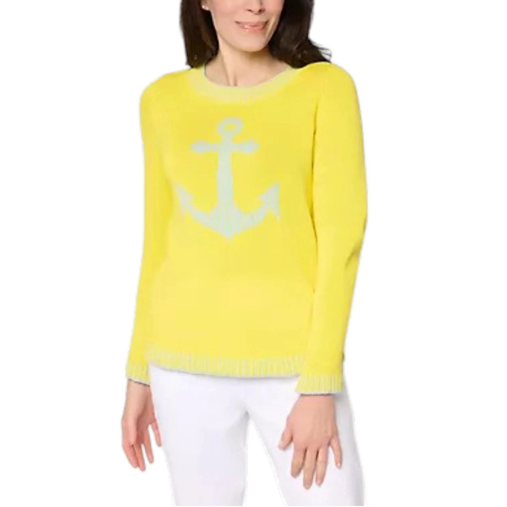 Joan Rivers Intarsia Stripe Anchor Sweater with Rb Detail Buttercup - Regular